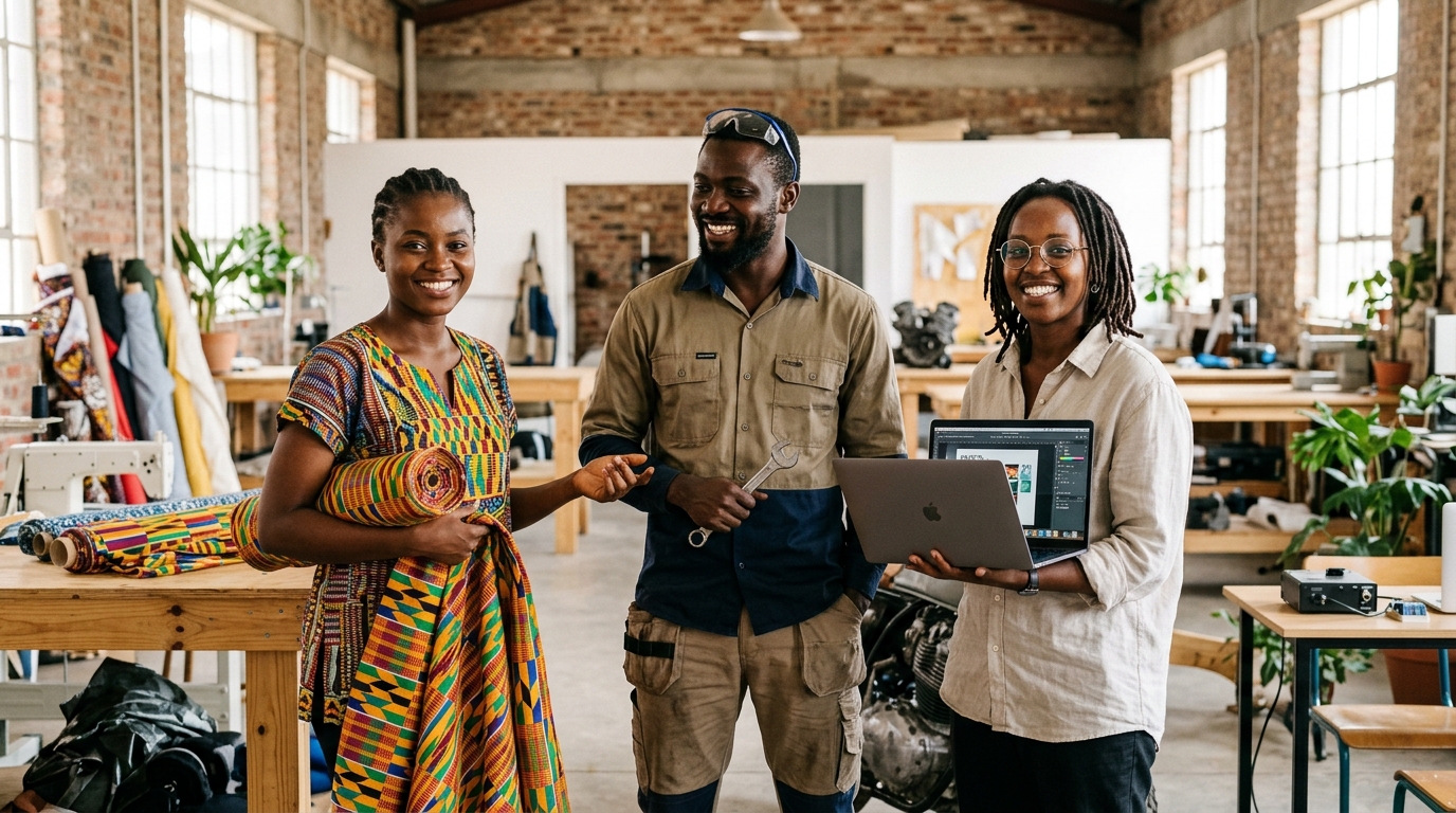 Group of confident young African skilled workers, mechanics and designers in workshop