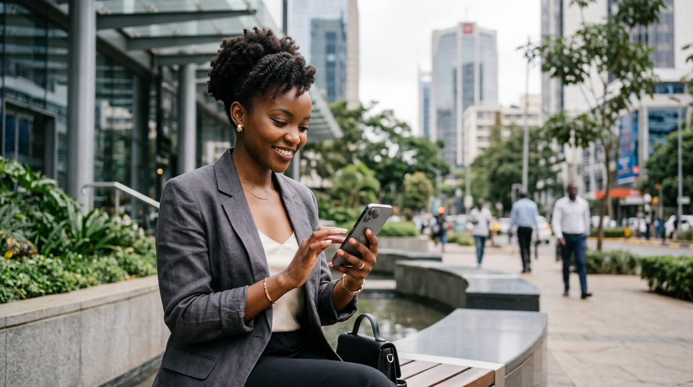 Modern African client hiring service professional through smartphone