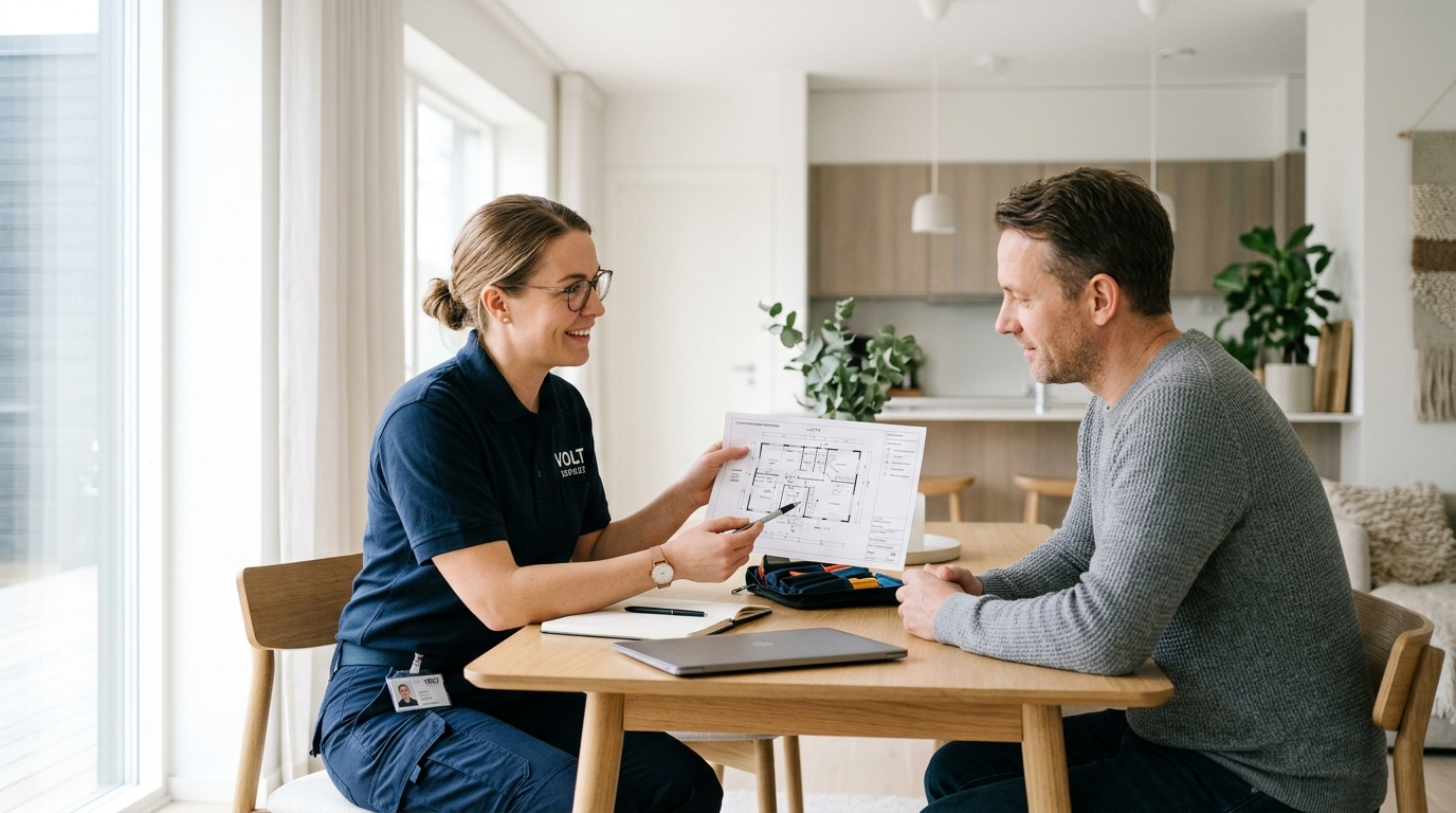 Female electrical technician in discussion with homeowner regarding wiring diagram