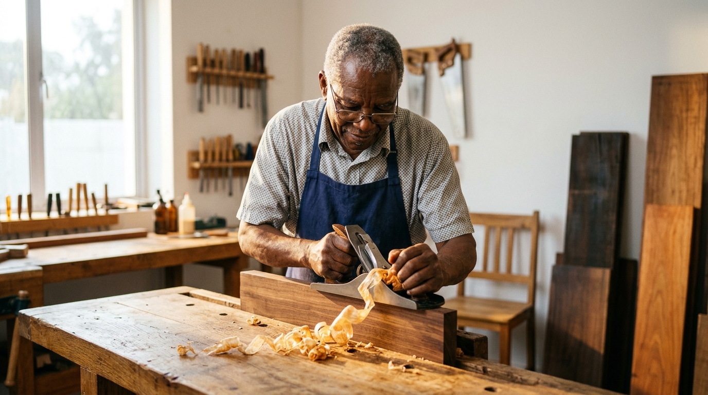Experienced African master craftsman shaping hardwood in sunlit studio