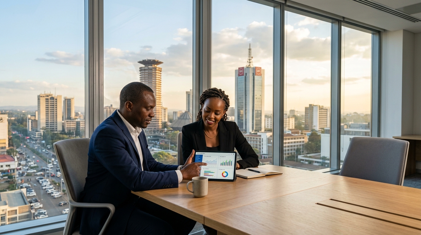 African corporate partners reviewing collaborative platform metrics in modern office