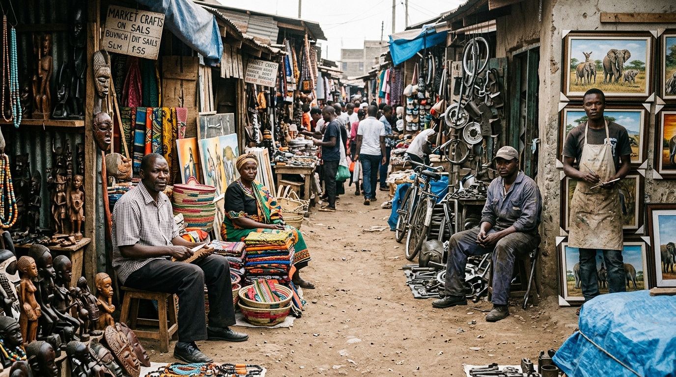 Informal African market showing traditional unorganized trades and artisans