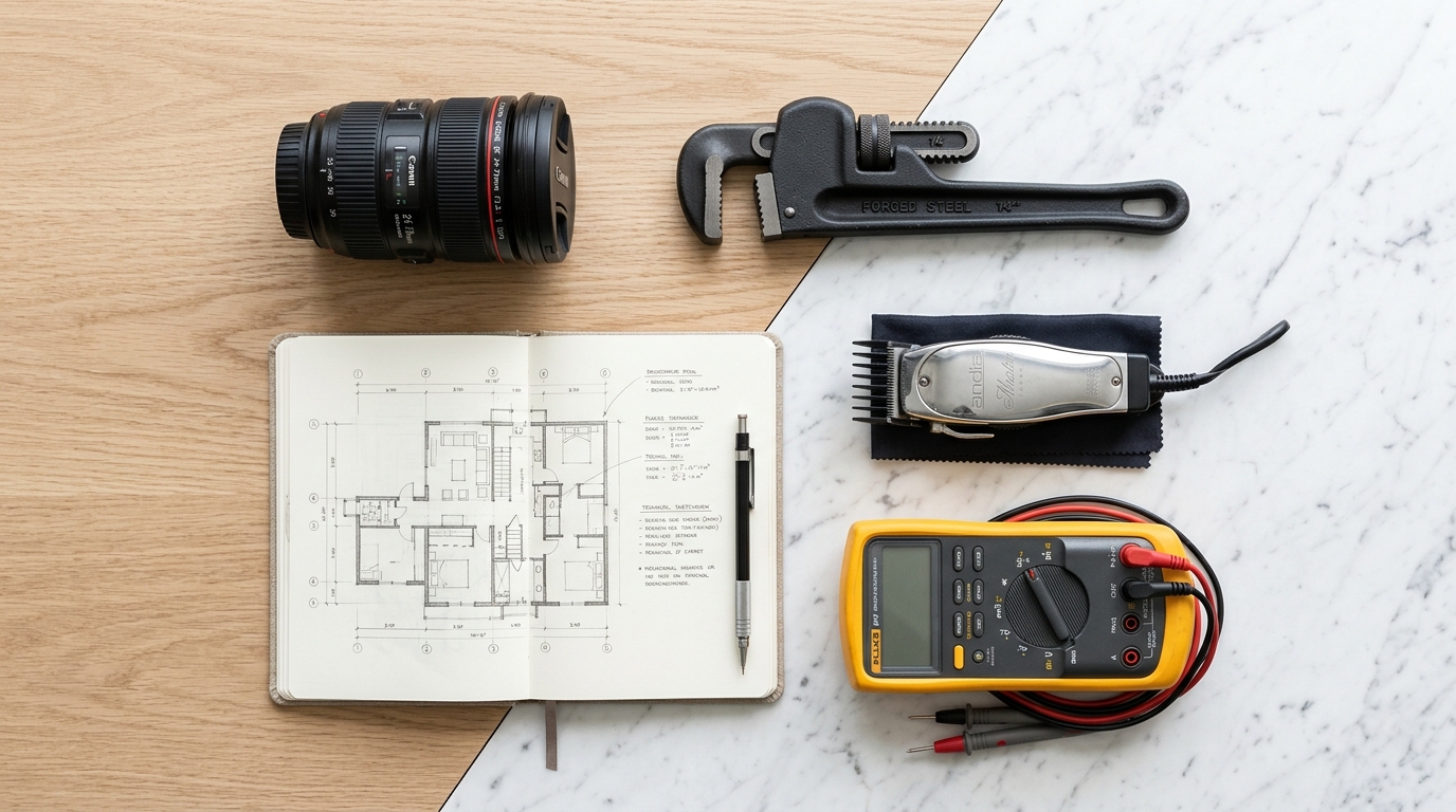 Curated workspace flat-lay of precision craftsmanship and technical gear