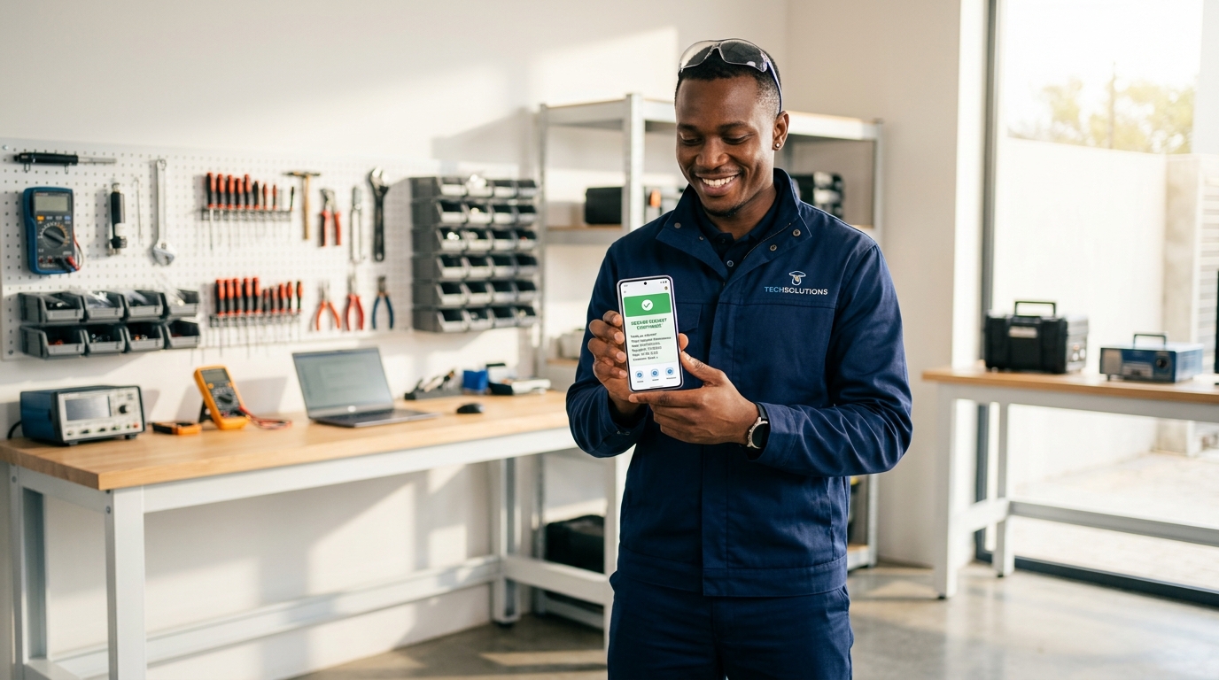 Skilled African technician receiving verified service requests on phone