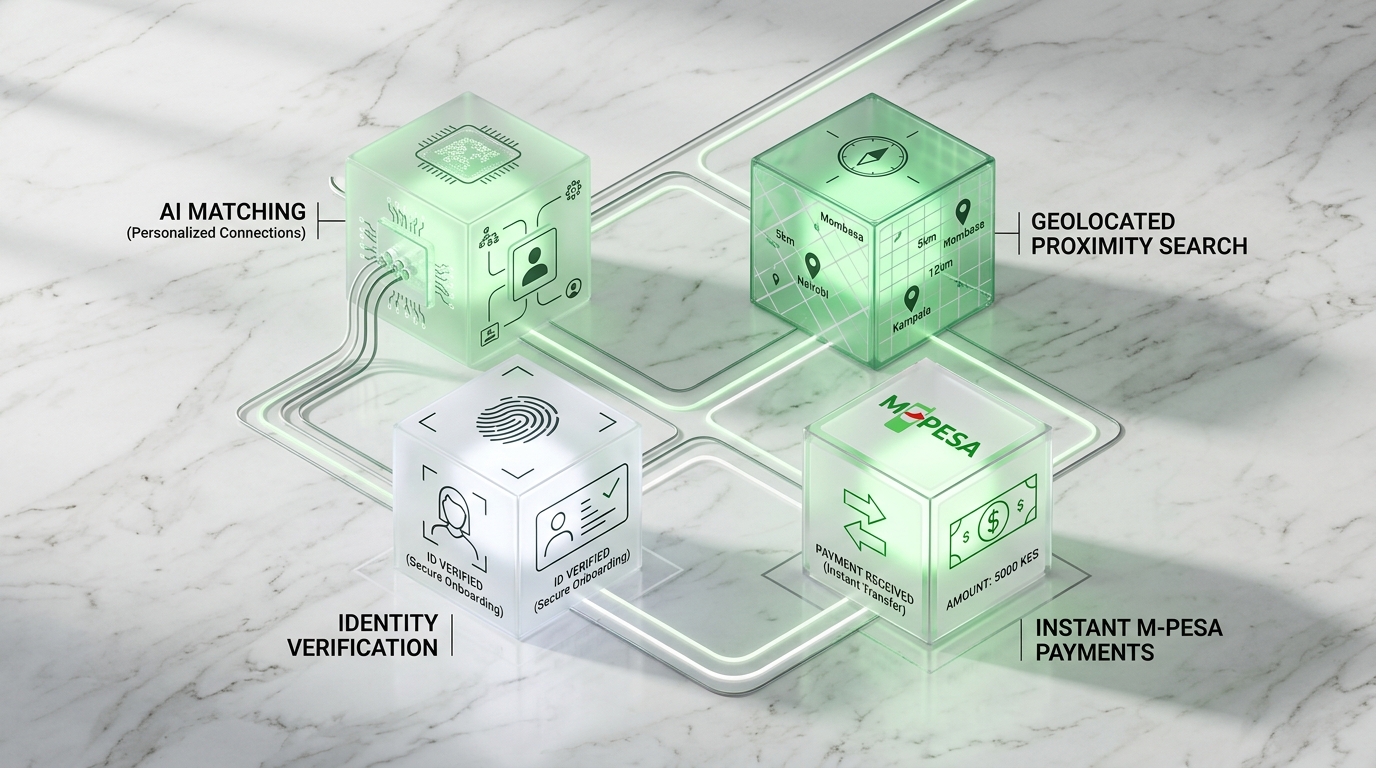 Architectural diagram of AI matching, proximity search, ID verification, and M-Pesa payments