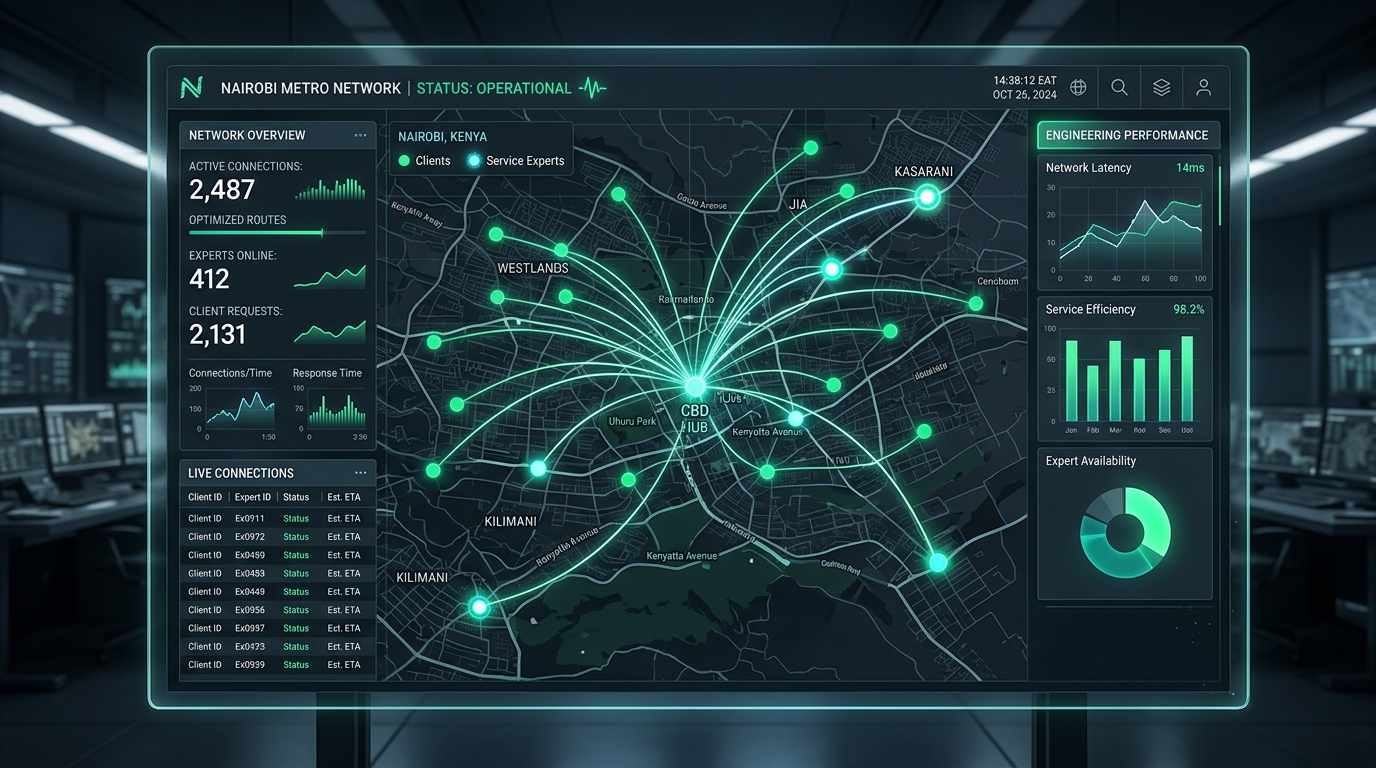 Futuristic digital network map of Nairobi displaying active client-expert connections