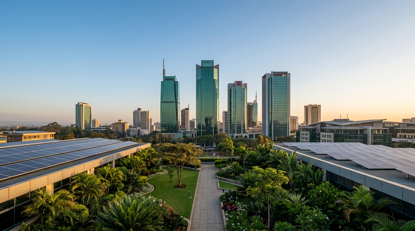 Futuristic sustainable architectural skyline of modern Nairobi at dawn